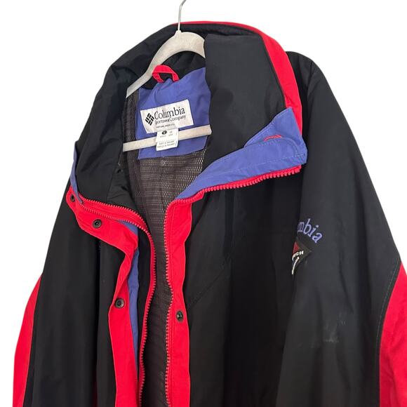 Columbia Omni-Tech Hooded Jacket Red Black Nylon Shell Women’s Large Hiking - Picture 11 of 16